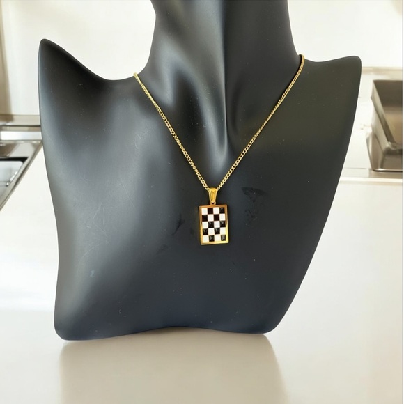 Private Label Jewelry - TSQ2 Enamel Checkered Pendant 16" Stainless Steel Necklace